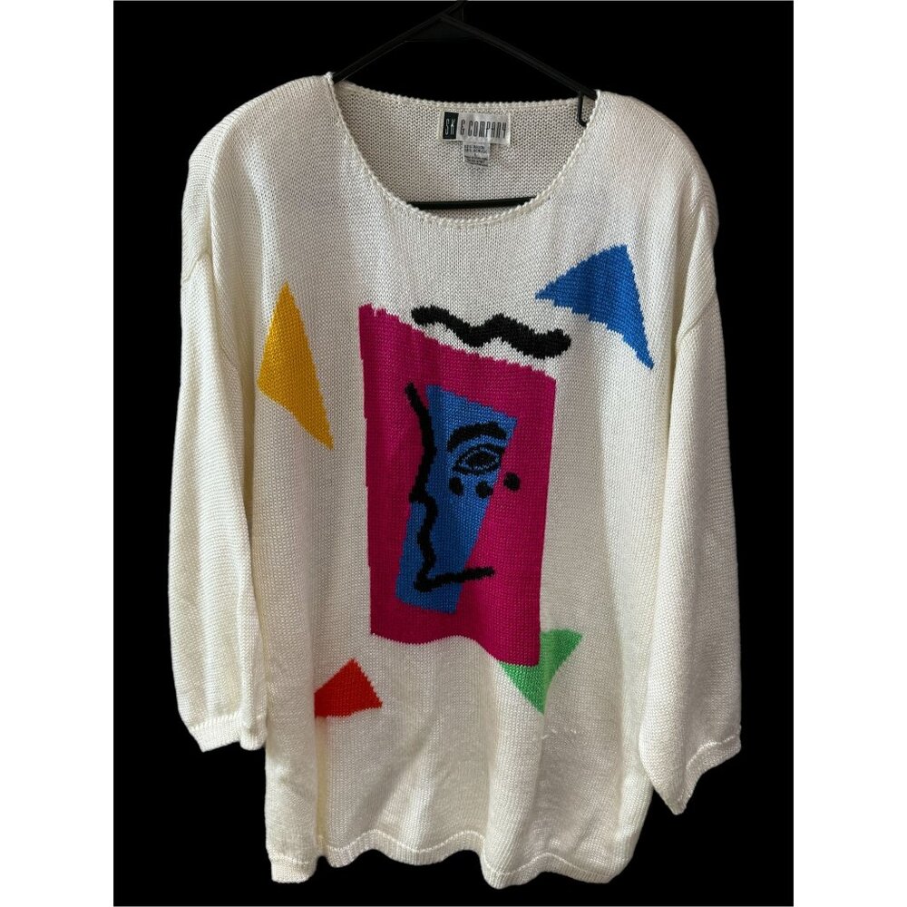 SK & Company Women’s Large Bold Colorful Funky 3/4 Sleeve Vintage Sweater